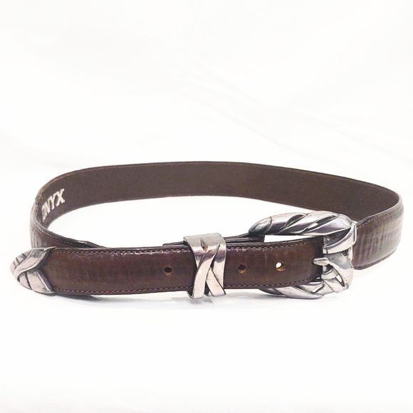Vintage Onyx Brown Leather Belt with Western Silver Buckle, Loop & Tip- Size 30 - Picture 2 of 11